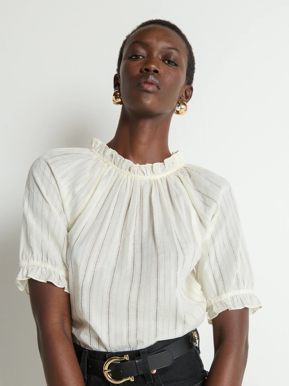 Nation LTD Whitney Ruffle Top Ivory Cotton Eyelet Puff Sleeve Blouse
